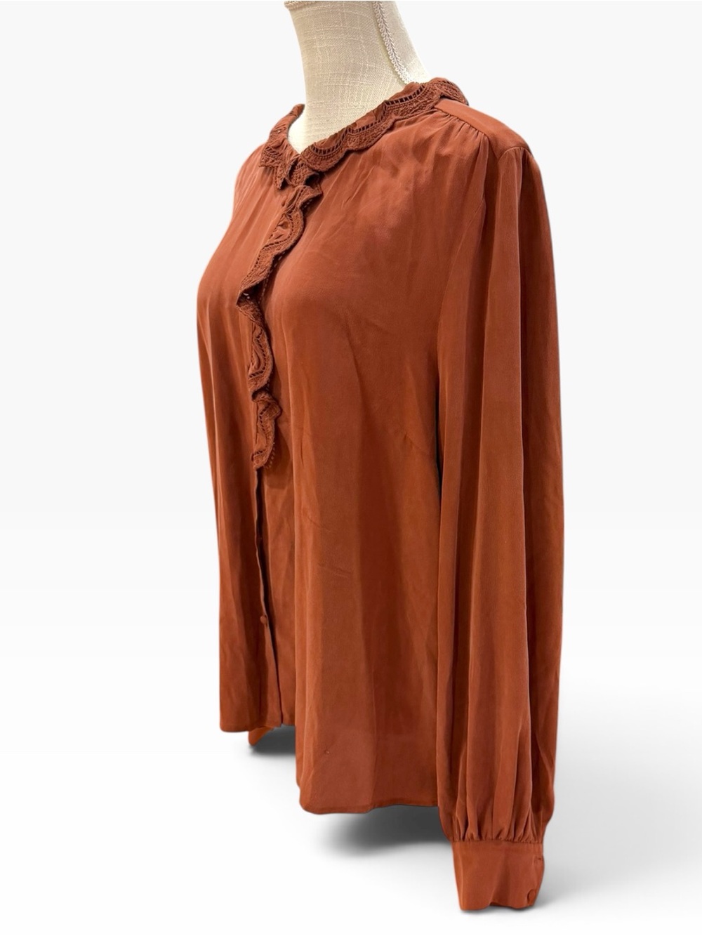 Sézane 100% Silk Terracotta Chlo Lace Collar Button Down Blouse Sz EU 48/ US 16 - Picture 10 of 14